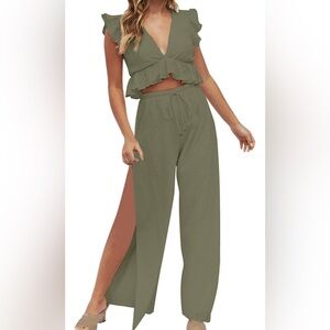 2 Piece Solid V Neck Sleeveless Ruffle Crop Top High Slit Side Long Pants